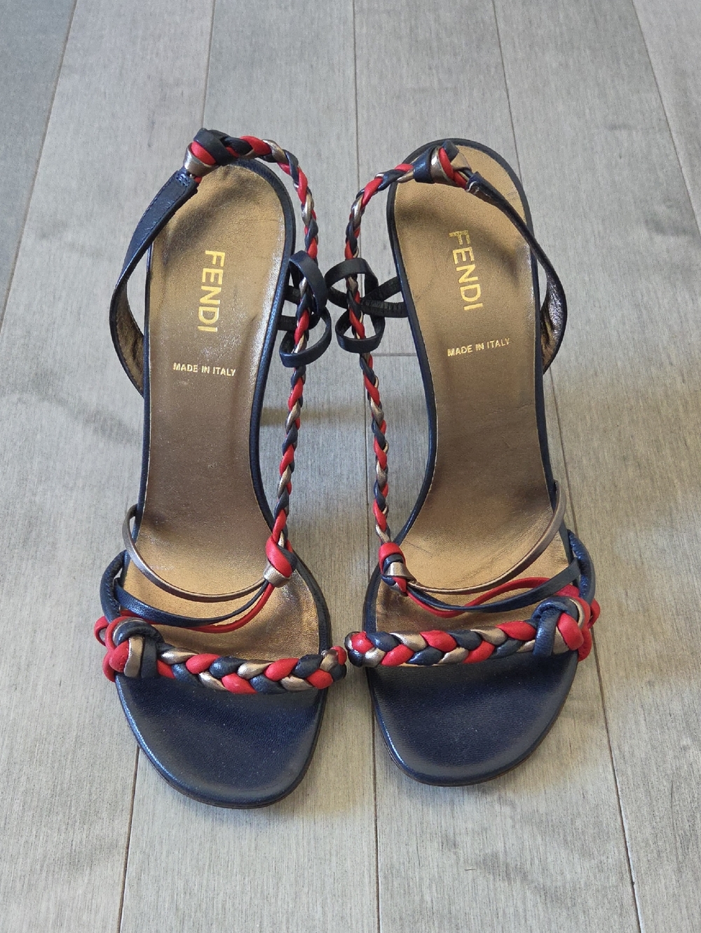 Fendi Navy and Red Braided Leather T-Strap Heels